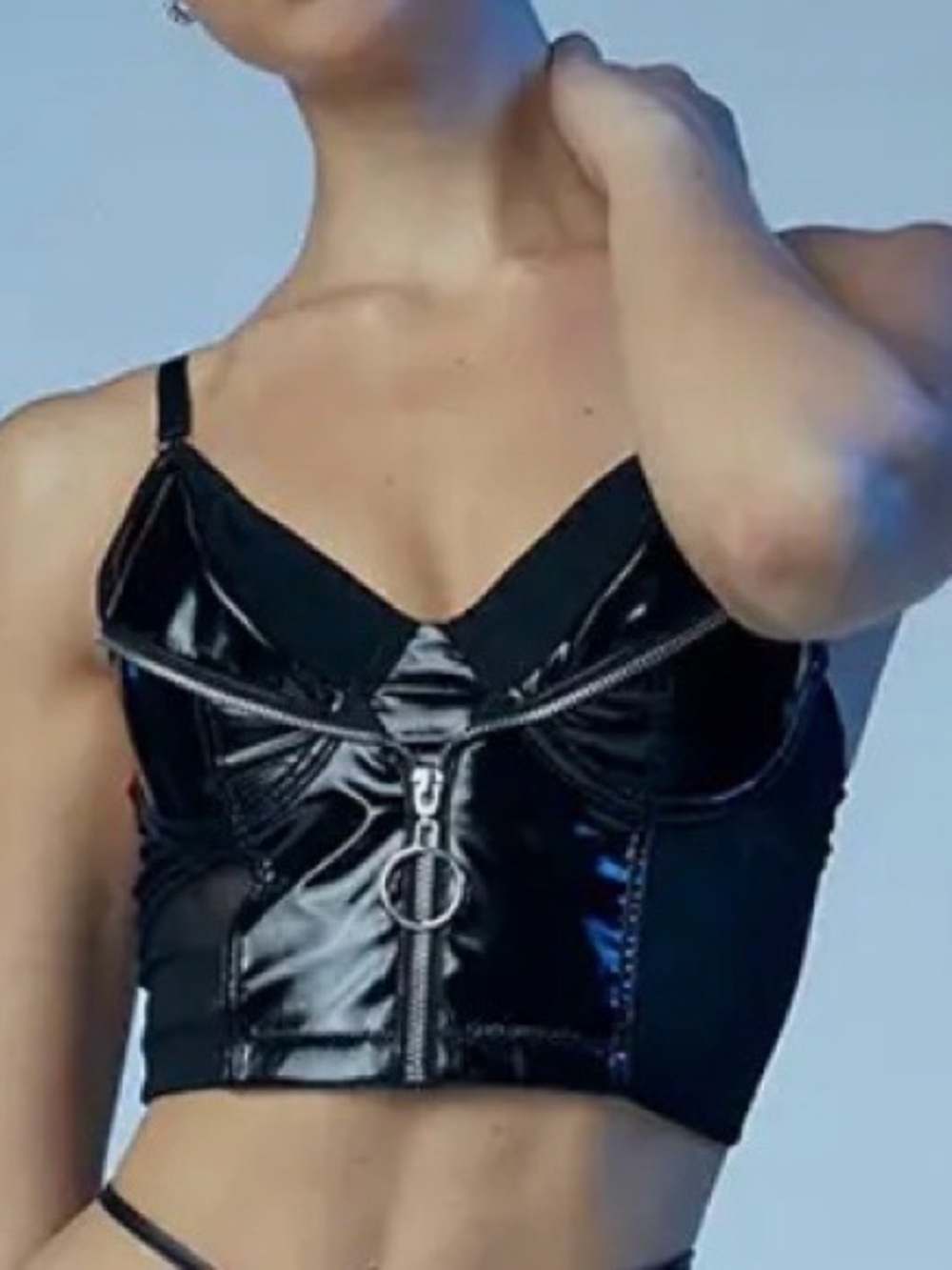 Faux Leather Black Zip Moto Bralette Top Patent Grunge Festival Goth Halloween S